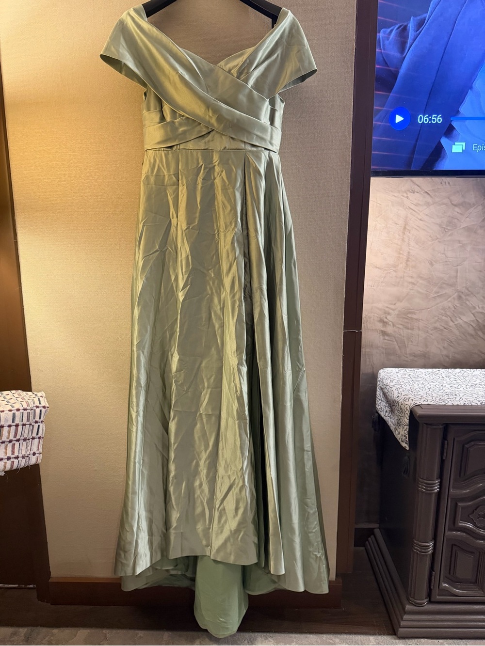 Sage Green Off-Shoulder Maxi Dress with Cross-Over Bodice
